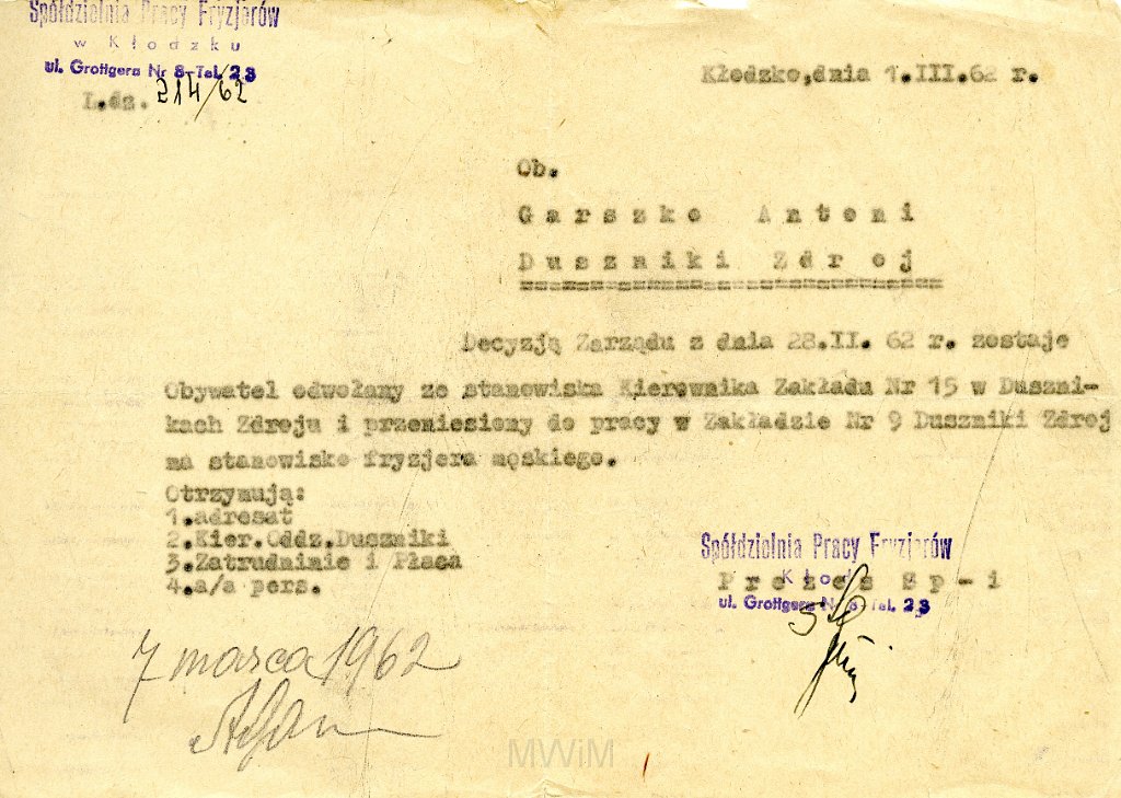 KKE 5682.jpg - Dok. Decyzja o zatrudnieniu i zaświadczenie wystawione przez Zarząd Spółdzielni Pracy Fryzjerów w Kłodzku o zatrudnieniu i przeniesieniu Antoniego Graszko – ojca Teresy Rogala, Kłodzko, 1 III 1962 r./ 25 VII 1963 r.